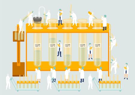 Medical personnel teamwork management manufacturing Miniature assembly lab team staff people generate COVID-19 vaccine, Science laboratory metaphor Poster or social banner Vector illustration isolatedのイラスト素材
