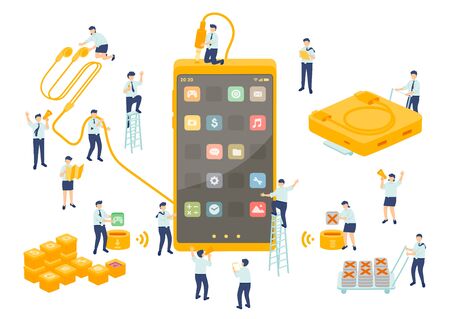 Work service technology employee teamwork management, Miniature assembly team staff install application smartphone, Business metaphor, Poster or social banner, Vector illustration isolated backgroundのイラスト素材