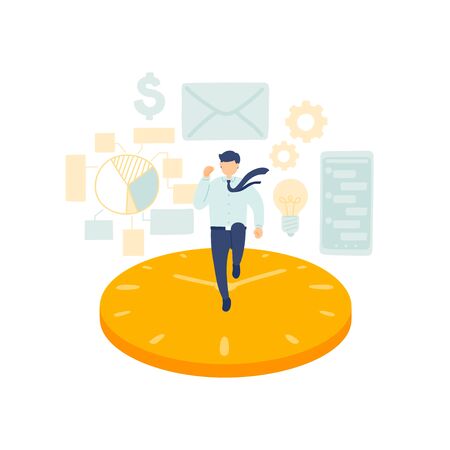 Work urgent time employee management, Miniature staff tiny people run on clock, Business metaphor concept Poster or social banner design, Vector illustration isolated on white backgroundのイラスト素材