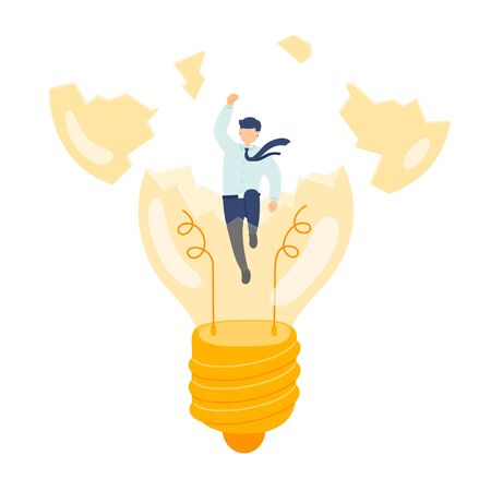 Work created idea employee management, Miniature staff people break light bulb, Business metaphor concept, Poster or social banner design, Vector illustration isolated on white backgroundのイラスト素材
