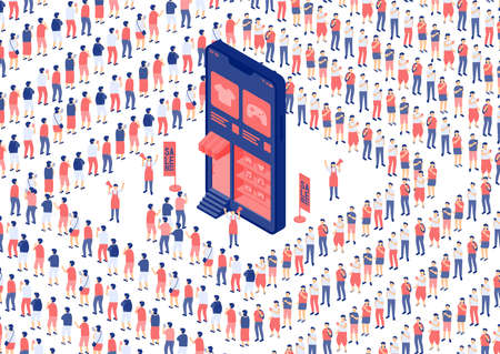 Social distancing stay at home, Miniature tiny people shopping online, Smartphone e-commerce shop application concept Poster or social banner design illustration on white background, vectorのイラスト素材