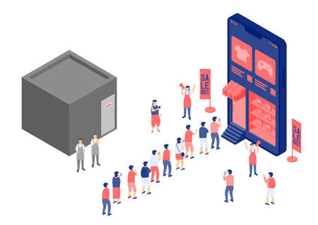 Social distancing stay at home, Miniature tiny people shopping online, Smartphone e-commerce shop...