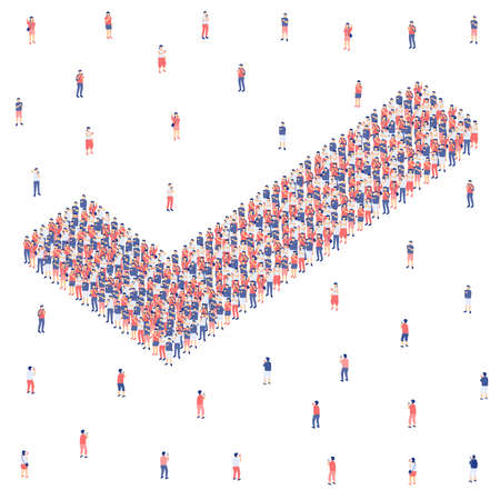 Check mark sign from Miniature crowd group, Internet broadband social network technology for people concept Poster or social banner design illustration on white background with copy space, vectorのイラスト素材