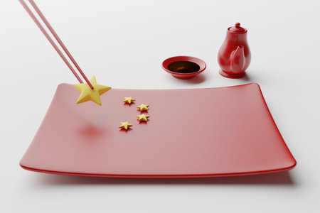 Tableware Chinese flag plate, chopstick, spoon, sauce cup and pot, 3D rendering red color, Chinese food crisis concept design on white backgroundの写真素材