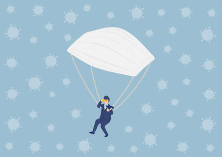 Survive Businessman with Medical Mask Parachute, Economic crisis exit from covid-19 virus concept poster and social banner horizontal design illustration isolated on blue background, vector eps 10のイラスト素材