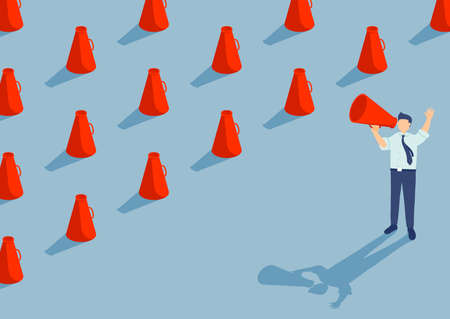 Businessman speech with Megaphone isometric seamless pattern, Press protest labor union concept poster and social banner design illustration isolated on blue background, vector eps 10, copy spaceのイラスト素材