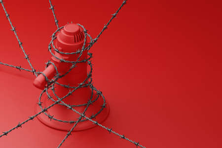 Red Megaphone with black wiggle barbed wire 3D rendering, Protest against dictatorship threaten censored press concept poster and social banner horizontal design background with copy spaceの写真素材
