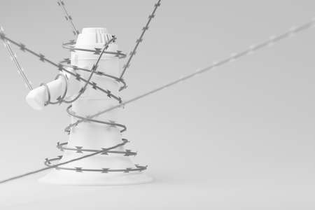 White Megaphone with silver wiggle razor barbed or concertina coil 3D rendering, Protest against dictatorship threaten censored press concept poster and social banner design background with copy spaceの写真素材