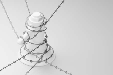 White Megaphone with silver wiggle razor barbed or concertina coil 3D rendering, Protest against dictatorship threaten censored press concept poster and social banner design background with copy spaceの写真素材