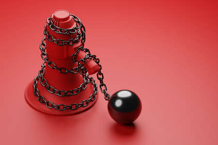 Red Megaphone with black wiggle chain and prisoner ball 3D rendering, Protest against dictatorship threaten censored press concept poster and social banner horizontal design background with copy spaceの写真素材