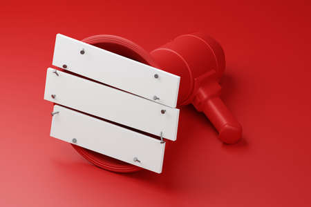 Red Megaphone closed by white wood plank with nail 3D rendering, Protest against dictatorship...