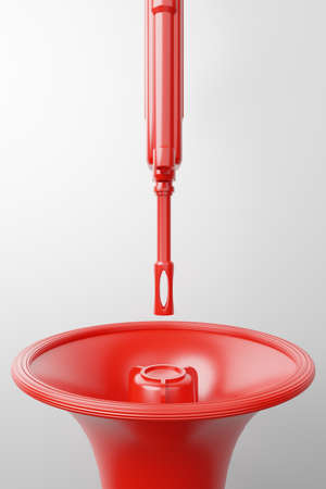 Red Megaphone with military gun 3D rendering, Protest against dictatorship threaten censored press concept poster and social banner vertical design background with copy spaceの写真素材