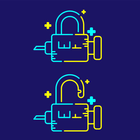 vaccine lock syringe with cross icon, Vaccination Campaign problem exit concept design illustration blue, yellow color isolated on dark blue backgroundのイラスト素材