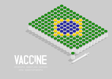 Isometric covid-19 vaccine bottle and syringe, Brazil national flag shape, Global Vaccination Campaign Country concept design illustration isolated on grey background with copy spaceのイラスト素材