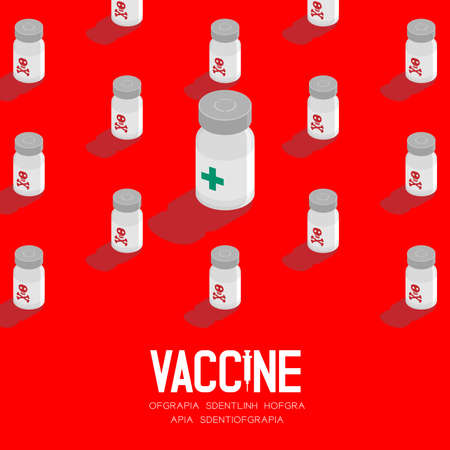 Isometric pattern covid-19 vaccine bottle with crossbones symbol, Vaccination Campaign problem dangerous concept design illustration isolated on red backgroundのイラスト素材