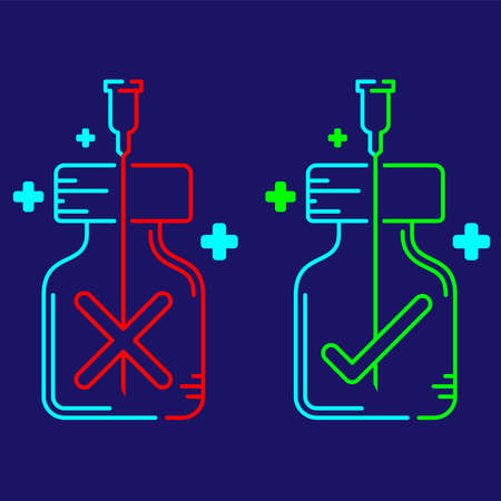 Logo covid-19 vaccine Cross and Check mark sign in bottle and Syringe Tip with cross icon, Vaccination side effects risk right and wrong choice illustration red green isolated on dark blue backgroundのイラスト素材