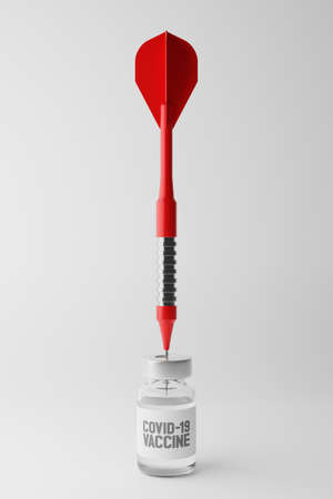3D rendering Covid-19 vaccine bottle and dart, Vaccination Campaign for Herd immunity protection from pandemic concept design on grey gradient background with copy spaceの写真素材