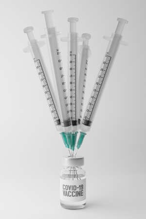 3D rendering Covid-19 vaccine bottle and syringe, Vaccination Campaign for Herd immunity protection from pandemic crisis shortage concept design on grey gradient background with copy spaceの写真素材