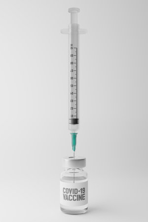 3D rendering Covid-19 vaccine bottle and syringe, Vaccination Campaign for Herd immunity protection from pandemic concept design on grey gradient background with copy spaceの写真素材
