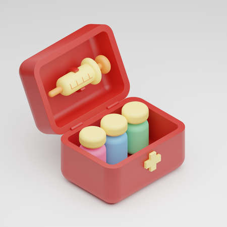 Isometric 3D rendering Covid-19 vaccine bottle and syringe in First aid box wood toy, Vaccination...
