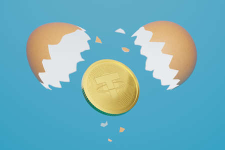 3D rendering Eggs cracked with gold Tether USDT, Cryptocurrency new investment technology digital money concept design on blue background with copy spaceの写真素材