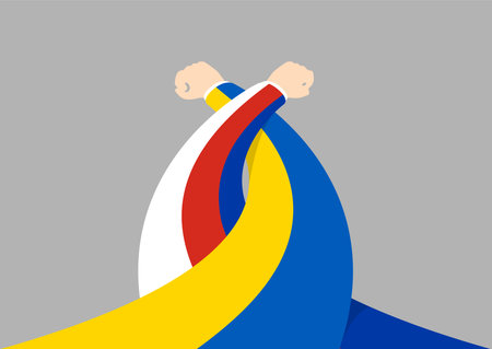 Arm wrestling Hand of Ukraine and Russia flag, Diplomacy conflict crisis war concept, flat design illustration isolated on grey background with copy space, vector eps 10のイラスト素材