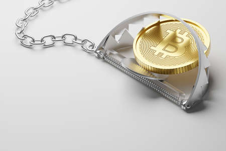 Isometric 3D rendering gold Bitcoin with iron trap, Cryptocurrency investment technology digital money risk concept design on white background with copy spaceの写真素材