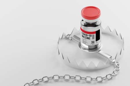 Isometric 3D rendering Covid-19 vaccine bottle with iron trap, Side effects risk concept design on...