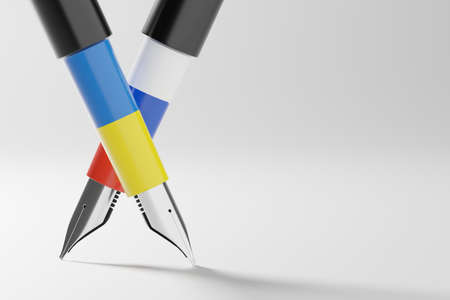 3D rendering Fountain pen Ukraine and Russia flag pattern color, Diplomacy and Press crisis war concept design illustration isolated on white background with copy spaceの写真素材