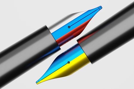 3D rendering Fountain pen Ukraine and Russia flag pattern color, Diplomacy and Press crisis war concept design illustration isolated on white background with copy spaceの写真素材