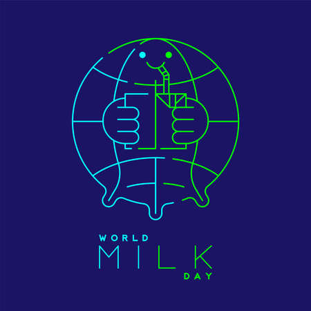 World globe with breast cow shape and milk box editable stroke blue and green color, World Milk Day 2022 concept, cartoon minimal flat design illustration on blue background, copy space, vectorのイラスト素材