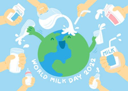 World globe among hand holding milk box, glass, pouring pitcher and baby bottle, World Milk Day 2022 concept cartoon flat design illustration isolated on blue background with copy space, vector eps 10のイラスト素材