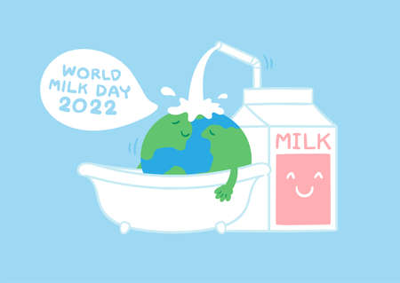 World globe bath with milk box, World Milk Day 2022 concept cartoon flat design illustration isolated on blue background with copy space, vector eps 10のイラスト素材