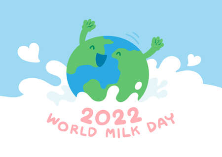 World globe jump into milk splash, World Milk Day 2022 concept cartoon flat design illustration isolated on blue background with copy space, vector eps 10のイラスト素材