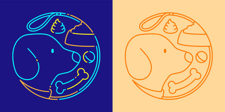 Pet shop logo Dog, food, poo, ball and bone in circle frame shape by dog leash icon editable stroke dash line doodle design minimal illustration isolated 2 tones dark blue and cream color backgroundのイラスト素材