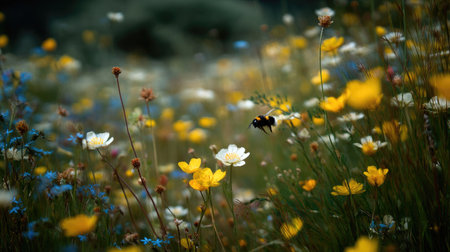 A serene wildflower meadow displaying an array of colorful blooms with a buzzing insect. This scene captures the essence of natureの素材