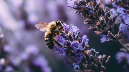 A mesmerizing close-up image capturing a bee in action as it pollinates vibrant lavender flowers, highlighting the beauty of nature and the essential role of pollinators.の素材