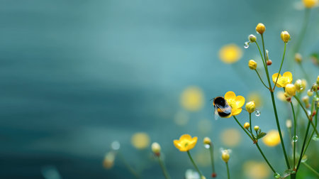 A vivid close-up of a bumblebee delicately pollinating bright yellow wildflowers adorned with raindrops, set against a soft blurred backdrop, showcasing nature's beauty.の素材
