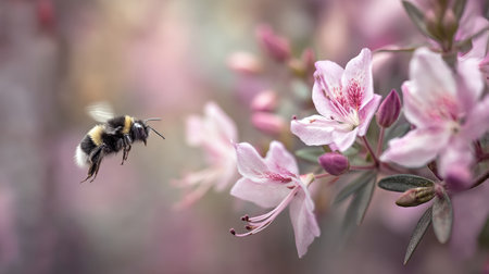 A captivating bumblebee hovers near vibrant pink flowers, showcasing nature's beauty and the essential role of pollinators in a serene garden setting.の素材