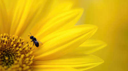This close-up photograph captures a bee delicately perched on a vibrant sunflower petal, highlighting the intricate details of nature in soft light.の素材