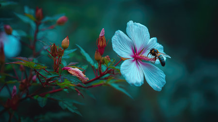 A stunning close-up captures a vibrant flower with a bee busily collecting nectar, set against a soft, blurred backdrop that highlights the beauty of nature.の素材