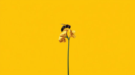 Close view of a vibrant yellow flower with a bee collecting pollen, capturing the essence of nature and pollination against a cheerful yellow backdrop.の素材