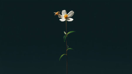 A close-up image of a bumblebee approaching a white flower with a dark background, capturing the beauty of nature and the vital pollination process.の素材