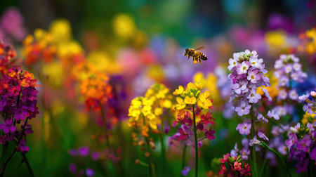 A beautiful scene showcasing a variety of vibrant flowers in full bloom, with a bee engaged in pollination, celebrating the wonders of nature and springtime.の素材