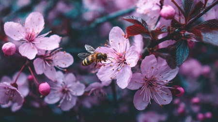 A mesmerizing close-up captures a bee diligently pollinating soft pink cherry blossoms, highlighting the vibrant beauty of spring's floral season, showcasing nature's harmony.の素材