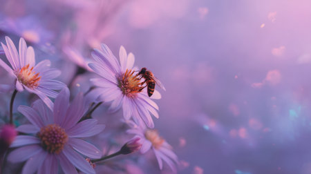 A serene close-up captures a bee pollinating vibrant purple daisies, creating a tranquil atmosphere. The dreamy bokeh adds soft light and beauty to a natural garden scene.の素材