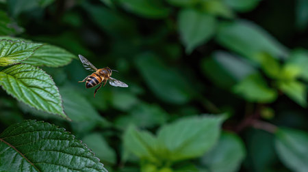 A stunning close-up image captures a honey bee elegantly flying over lush green leaves, showcasing the beauty and detail of nature in a vibrant ecosystem.の素材