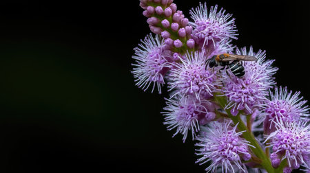 A stunning close-up image showcasing a bee on delicate purple flowers, highlighting the vital role of pollinators in nature's ecosystem and the beauty of biodiversity.の素材