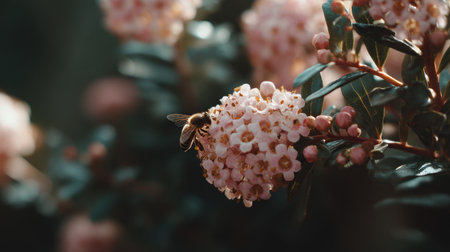 A close-up view of a bee gathering nectar from pink blossoms, illustrating the vital pollination process in a serene garden environment, bathed in soft sunlight.の素材