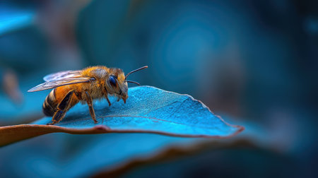 A mesmerizing close-up of a honey bee perched on a leaf, showcasing intricate details of its body and wings against a stunning, soft blue background.の素材